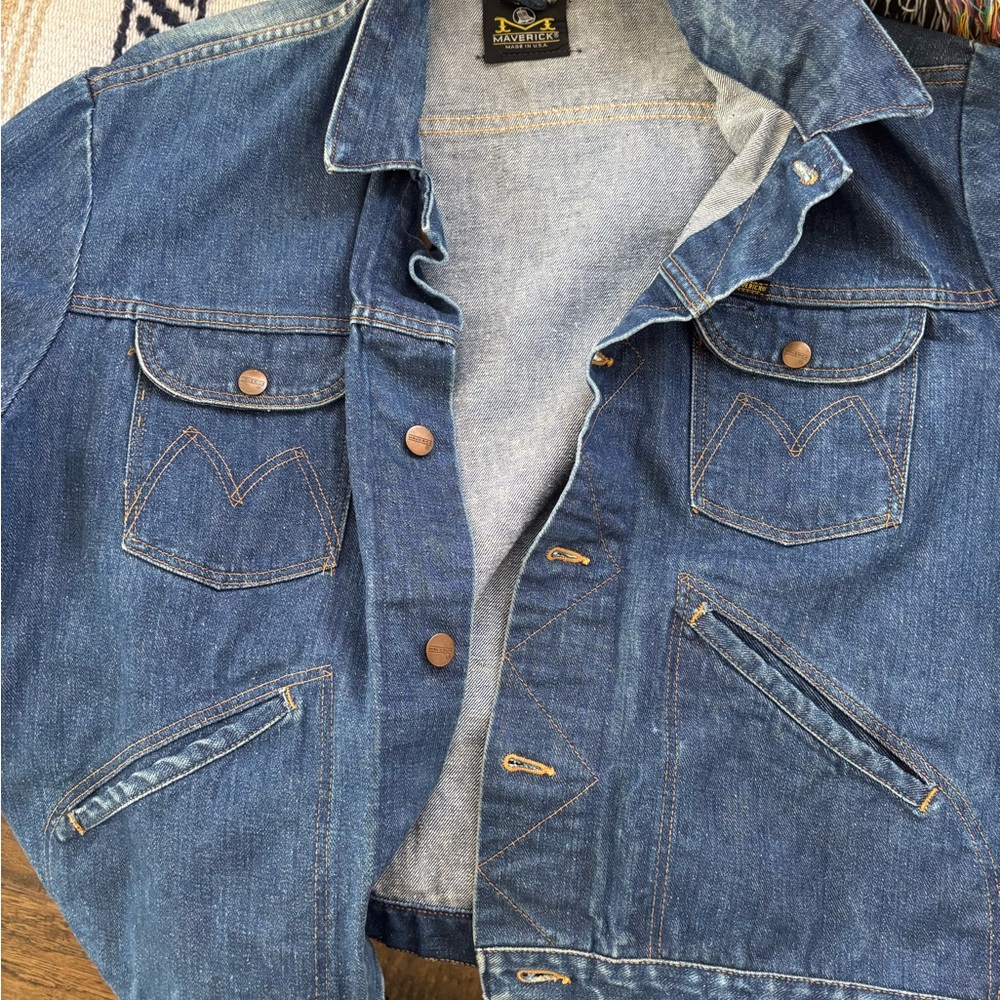 VTG 1970s Maverick Blue Bell Selvedge Denim Trucker Jacket 46 Right Hand Twill
